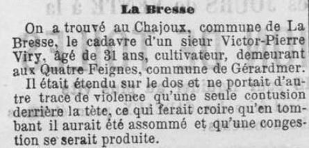 1891.12 - Le cadavre de Victor Pierre VIRY trouvé au Chajoux