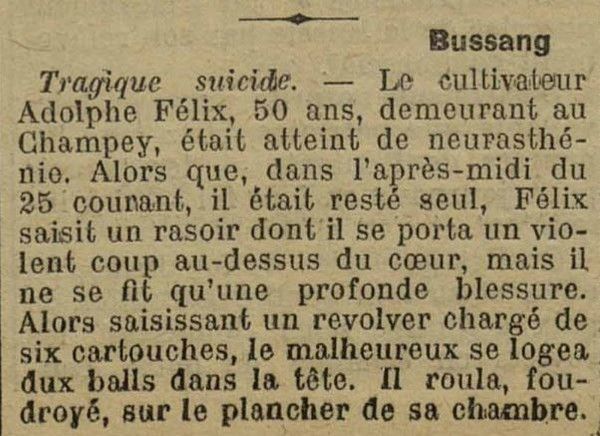 1920.11.28 - A Champé, suicide d'Adolphe FELIX