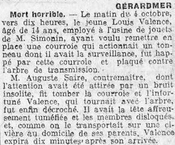 1917.10 - Accident du travail mortel pour Louis VALENCE
